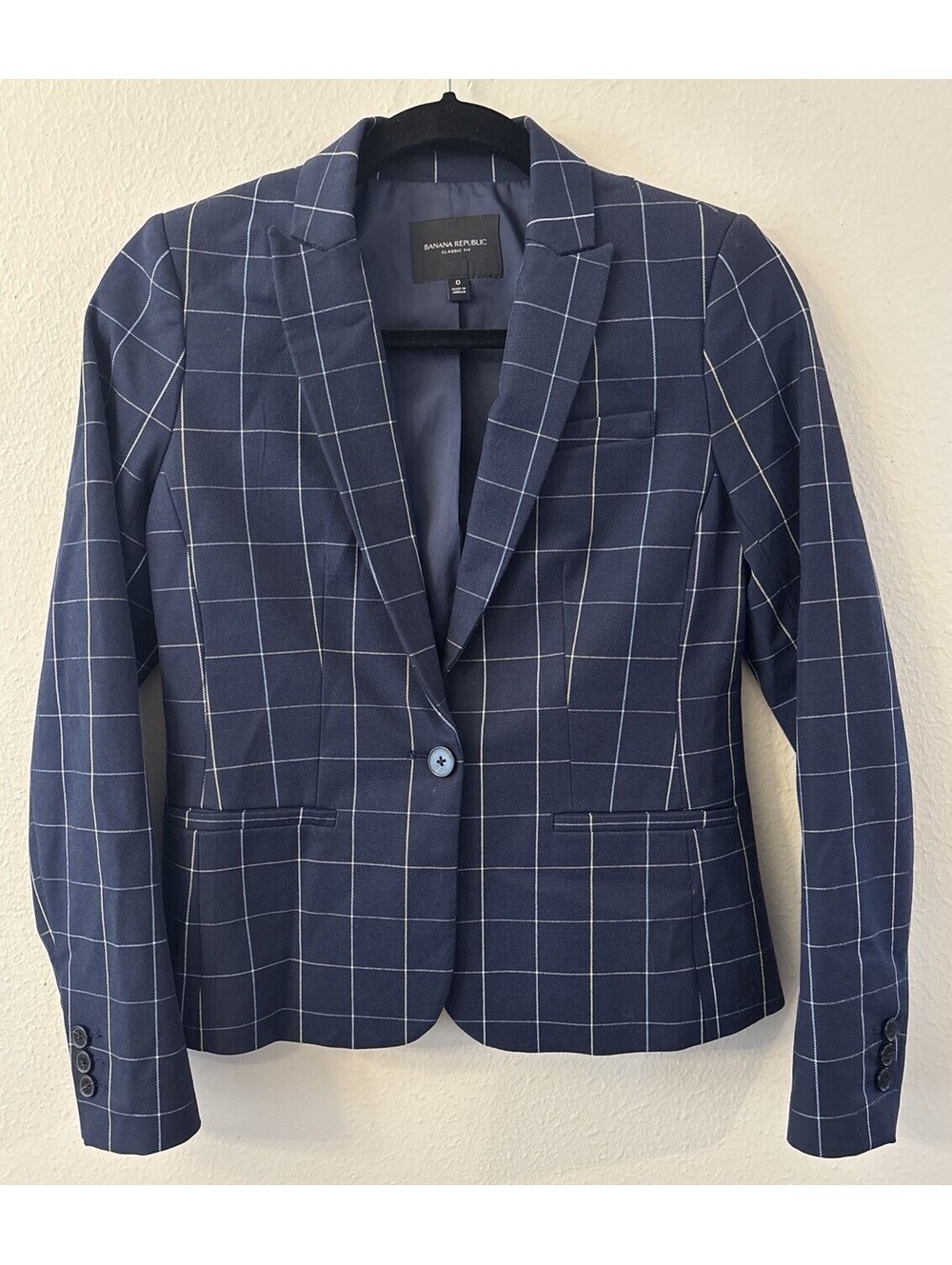 Banana Republic Women's Blazer Size 0 Plaid Blue Cotton Blend Preppy Academia